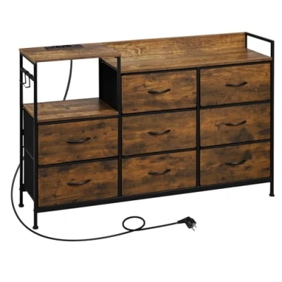Afbeelding van WOLTU commode met 8 laden, laadstation, laden van stof en haken, voor woonkamer, slaapkamer, metaal technisch hout E1, in rustiek bruin zwart, SSK007hov