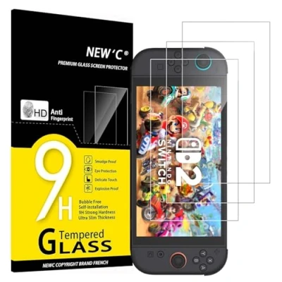 Afbeelding van NEW&#039;C 3 stuks, gehard glas voor Nintendo Switch 2, krasbestendige beschermfolie, anti vingerafdruk, zonder luchtbellen, hardheid 9H, 0,33 mm, ultra transparant, resistent
