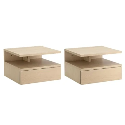 Afbeelding van Homcom Set van 2 nachtkastjes met wandmontage, schuiflade, nis, lade, in hout een licht eiken en zwarte afwerking