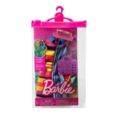 Afbeelding van Barbie Kleding Outfit Gestreepte Jurk met Handtas en Zonnebril