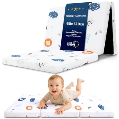 Afbeelding van Matras voor reisbed, 60 x 120 cm, opvouwbaar, dik reismatrasje baby&#039;s en kinderen, overtrek van katoen, afneembare overtrek, regenboog