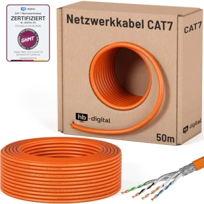 Afbeelding van HB Digital 50m CAT.7 netwerkkabel LAN Ethernet installatiekabel Kabel Koper Profi S/FTP PIMF LSZH Halogeenvrij geel RoHS conform Cat. 7 AWG 23/1 Kleur oranje