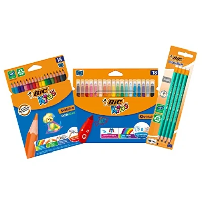 Afbeelding van BIC Terug naar school set 18 Kids Kid kleurstiften + Evolution kleurpotloden 8 originele HB potloden met geïntegreerde gum, 3 stuks
