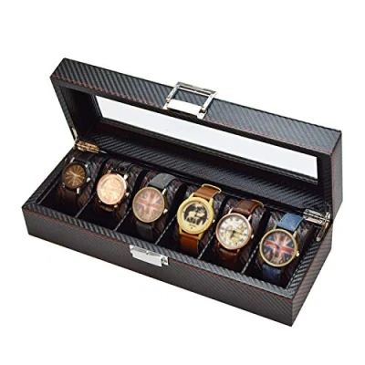 Afbeelding van Opbergdoos voor horloges, 6 vakken, horlogehouder van leer, koolstofvezel, sieraden, armband, collectie, organizer met glazen deksel
