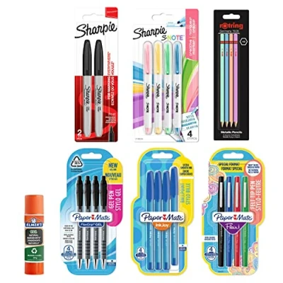 Afbeelding van Paper Mate, Sharpie, Rotring &amp; Elmer&#039;s briefpapier benodigdheden Balpennen, gelpennen, markeerpennen, markeerstiften, HB potloden en lijmstift Perfect voor school kantoor 23 stuks