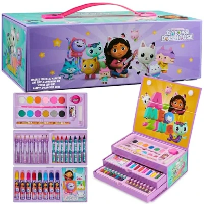 Afbeelding van Gabby&#039;s Dollhouse Kleurplaten voor kinderen, meisjes, tekenkoffer kinderen + 40 stuks, kleurpotloden, viltstiften, schilderset, cadeau idee, Gabby en thuis (paars/roze)