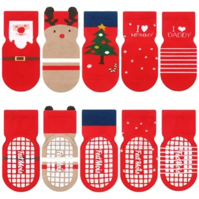 Afbeelding van FedMois 5 paar antislip sokken van katoen voor peuters en kleuters, dierenmotief, Kerstmis