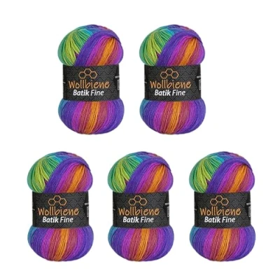 Afbeelding van Wollbiene Batik Fine Wol, 5 x 100 g, 500 gram wol met kleurverloop, meerkleurig, kleur: 1510 paars blauw groen