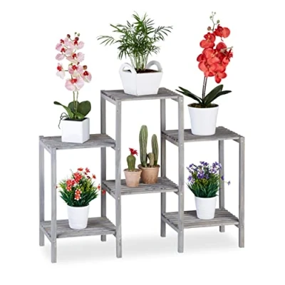 Afbeelding van Relaxdays plantenrek hout plantentafel plantenstandaard bloemenrek grijs M