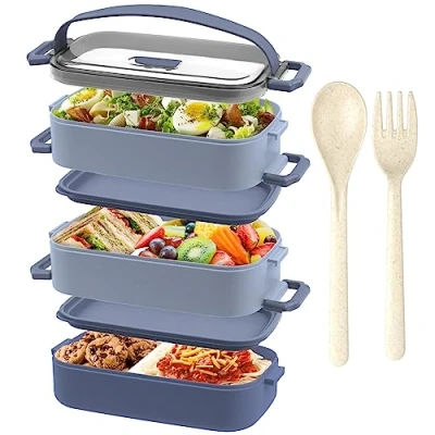 Afbeelding van OITUGG Lunchbox met 3 lagen, 2200 ml, bento boxen voor volwassenen en kinderen, bestek verstelbare vakken, BPA vrij, magnetronbestendig, 19,5 x 11,2 15 cm, blauw