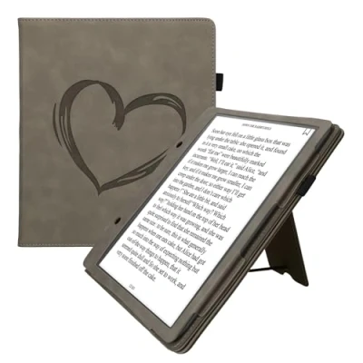 Afbeelding van kwmobile E reader hoesje geschikt voor Amazon Kindle Scribe hoes flip case van kunstleer Ereader cover met stand Brushed Hart design in grijs