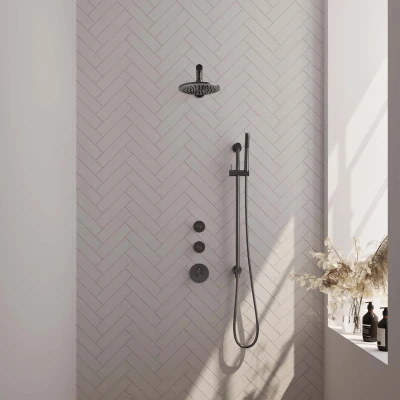 Afbeelding van Brauer Gunmetal Edition Regendoucheset inbouw hoofddouche 20cm 3 gladde knoppen rechte wandarm glijstang handdouche staaf 1 stand PVD