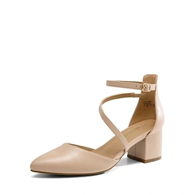 Afbeelding van DREAM PAIRS Dames pumps met lage hak, enkelriem, gesloten puntige teen, Nude PU