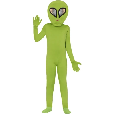 Afbeelding van FIESTAS GUIRCA Halloween kostuum voor kinderen, groen buitenaards wezen met hoofd, jumpsuit, handschoenen, Halloween, meisjes en jongens, 7 9 jaar