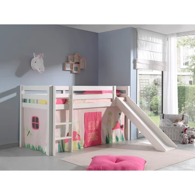 Afbeelding van LUCEVI Pino Halfhoogslaper + Ladder Glijbaan Spring Gordijntjes Wit 90x200 cm