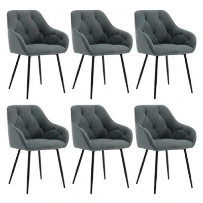 Afbeelding van WOLTU Set van 6 eetkamerstoelen, gestoffeerde keukenstoelen met rugleuning, armleuningen, metalen poten, voor woonkamer, kantoor, kaptafel, fluweel, donkergrijs, EZS02dgr