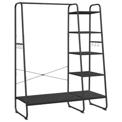 Afbeelding van VASAGLE RGR116B02 kledingrek, kapstok, schoenenrek, open kledingkast, 6 afneembare haken, voor slaapkamer, hal, ebbenhout, mat zwart, 45 x 120 160 cm