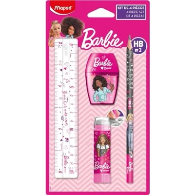 Image de Maped Set de Papeterie Barbie 4 Pièces 1 Règle Transparente 15cm + Taille Crayons Trou Gomme Tube Protégée Crayon Papier HB Licence Officielle