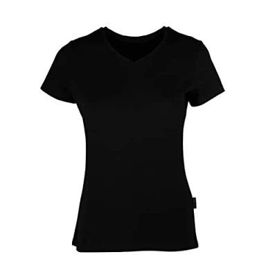 Image de HRM T shirt de luxe pour femme Col en V 100% coton bio basique Lavable jusqu&#039;à 60 C Hauts qualité supérieure et durables femme, Noir, L