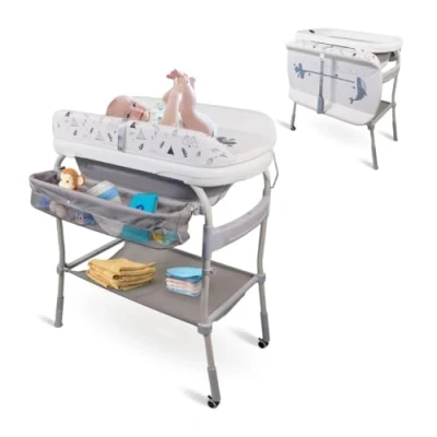 Afbeelding van Baby verschoonbadje 3 In 1 Opvouwbaar hoogte verstelbaar Wielen met remmen Temperatuurregeling Gevoerd Waterdicht