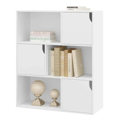 Afbeelding van eSituro Boekenkast met 6 vakken, rek 3 niveaus deuren, boekenorganizer en speelgoed voor slaapkamer, kantoor of studie, ruimteverdeler, 80 x 30 96 cm, wit, SBKC0050