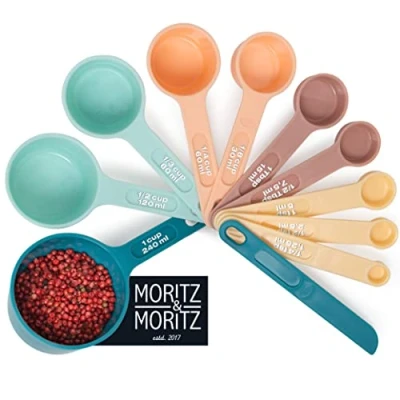 Afbeelding van Moritz &amp; 11 delige maatlepelset, stapelbaar, maatbekers en lepels van 1,25 tot 240 ml, 4 kleuren, 10 maten spatel, voor koken bakken