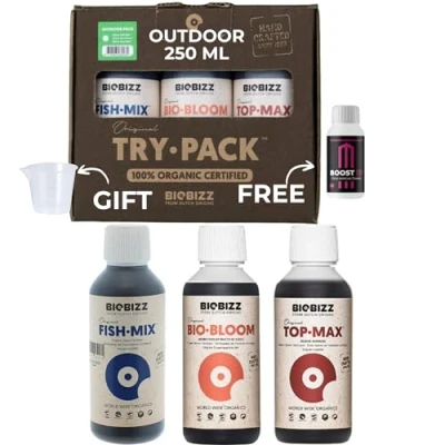 Afbeelding van GROWMANIA Trypack Outdoor Biobizz + Boost Up Nutriments monster maatbeker Bio Bloom, Top Max en Fish Mix voor planten gewassen Groeistimulatie