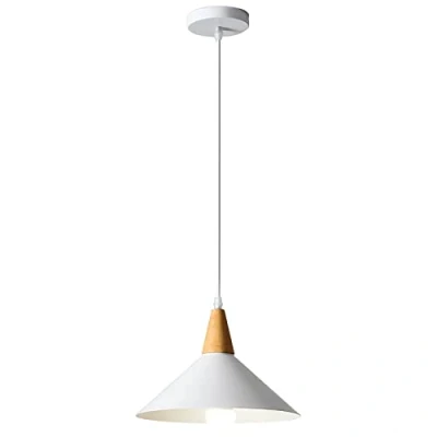 Afbeelding van LIGKIN Hanglamp, vintage, industrieel, E27, plafondlamp, kroonluchter, modern, 25 cm, lampenkap van metaal, hout, hanglampen voor keuken, eetkamer, slaapkamer, café, wit (1 stuk)