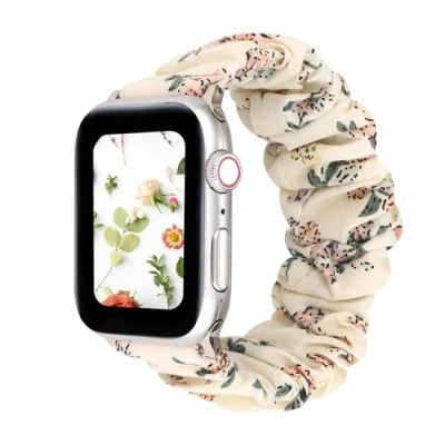 Afbeelding van Apple Watch Elastisch scrunchie nylon bandje Bloemenprint licht Geschikt voor 38mm / 40mm 41mm