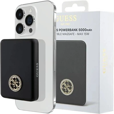 Afbeelding van Guess MagSafe 4G Strassed Metal Logo inductie powerbank 15W 5000mAh zwart