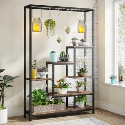 Afbeelding van Tribesigns Grote plantenstandaard met 5 niveaus, 180,1 cm, groot metalen rek 10 ophanghaken, multifunctioneel voor binnen, tuin, balkon, woonkamer
