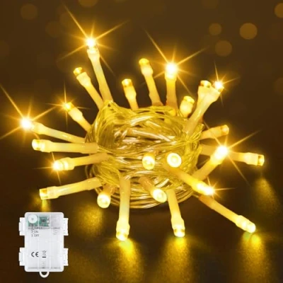 Afbeelding van Bowfar Lichtsnoer op batterijen, 2 m, 20 leds, warmwit, werkt met 6 uur, IP65 waterdicht, voor kerstdecoratie in pot, tuin, binnen en buiten (transparante kabel)