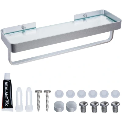 Afbeelding van Belle Vous Floating Glass Bathroom Shelf with Towel Holder W39.8 x D9.8cm/15.67 3.86 Inches Wall Mounted Storage Organiser Rack for Shower, Bedroom, or Living Room Steel Frame