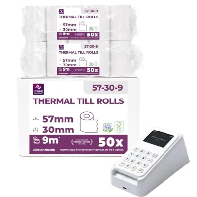 Afbeelding van Ec Cash 50 stuks thermische rollen 57 mm x 9 m 12 kassarollen bonusrollen voor bankomat creditcardreader (57 30 12)