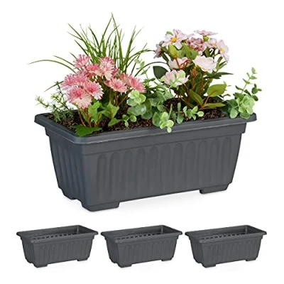 Afbeelding van Relaxdays Balkonbak set van 4 plantenbak rechthoekig kunststof antraciet