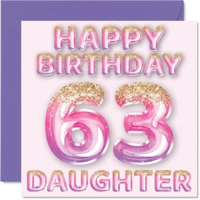 Afbeelding van Verjaardagskaart voor meisjes 63e verjaardag roze en paarse glitterballonnen verjaardagskaarten dochter van mama papa, 145 mm x