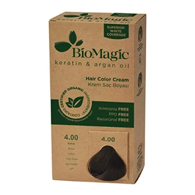Afbeelding van Natuurlijke Permanente Haarverf met Biologische Ingrediënten BRUIN 4/00 BioMagic verrijkt Keratine en Arganolie zonder Ammoniak, PPD Resorcinol Dierproefvrij Organic