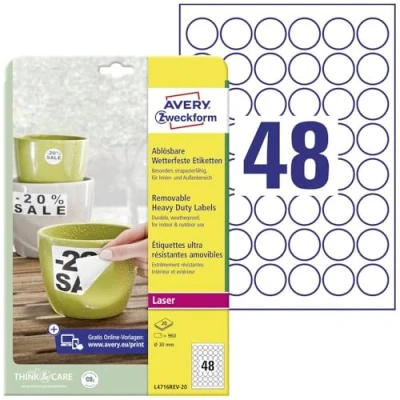 Afbeelding van Avery afneembare weerbestendige etiketten diameter 30 mm,wit, doos van 960 etiket