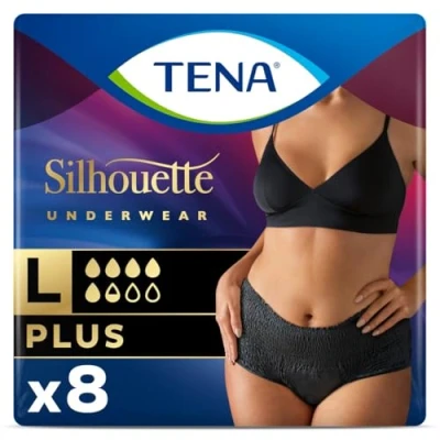 Afbeelding van TENA Silhouette Plus zwart x8 incontinentieondergoed en overvloedig urineverlies comfortabel ademend ontwerp 8 wegwerpslipjes maat L
