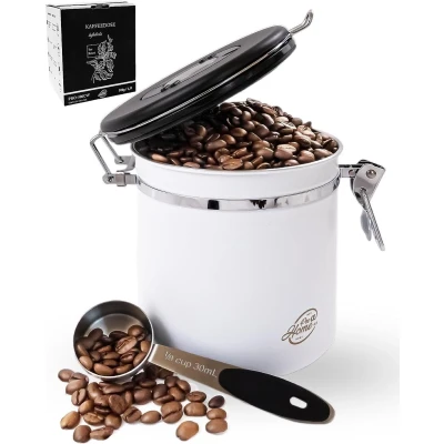 Afbeelding van Koffieblik 500 g / 1,5 l wit van roestvrij staal, luchtdicht, incl. roestvrijstalen doseerlepel en CO2 reserveventielen, met datumweergave geleverd in geschenkdoos