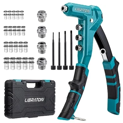 Afbeelding van LIBRATON 24,1 cm klinkmoer gereedschap, eenhandige klinknagelpistool, handmatige klinknagelmoeren set met 40 schroefdraadklinknagelmoeren, M3, M4, M5, M6, 4 stuks verwisselbare metrische doornen