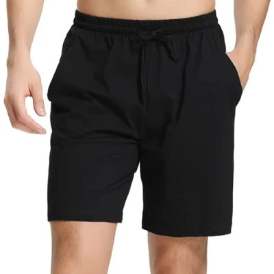 Afbeelding van Irdcomps Pyjamabroek voor heren, katoen, korte shorts, bermuda, zacht, joggen, sport, casual, elastisch, verstelbaar, met zakken, zomerpyjamashorts, 1#A zwart