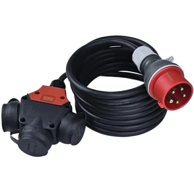 Afbeelding van RoadEu Adapterkabel stekker 16 A 3P+N+E naar drievoudige 2P+E 230 V, rubberen kabel, verlenging 5 m