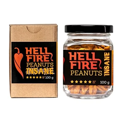 Image de I LOVE SPICY Hellfire Peanuts Insane 100 g Cacahuètes Super Épicées, Assaisonnées avec du Piment Carolina Reaper, Piquant 5/5