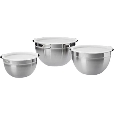 Afbeelding van Amazon Basics Set van 3 slakommen, 1,41 liter, roestvrij staal, zilver, wit