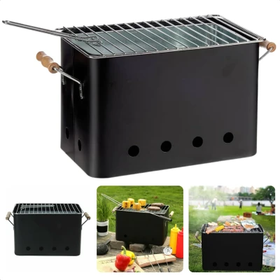 Afbeelding van Cheqo® Draagbare BBQ Kleine Barbecue voor Camping Houtskoolbarbecue Compact Ontwerp 72x24cm Zwart