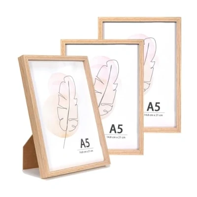 Afbeelding van A5 fotolijst van eikenhout voor muur en kantoor, 14,8 x 21 cm, 3 stuks