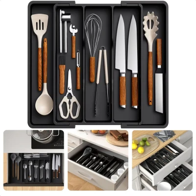 Afbeelding van Cheqo® Verstelbare Bestekbak Uitschuifbaar 33 57 cm Besteklade Organizer 8 Vakken Bestekhouder Kunststof Zwart