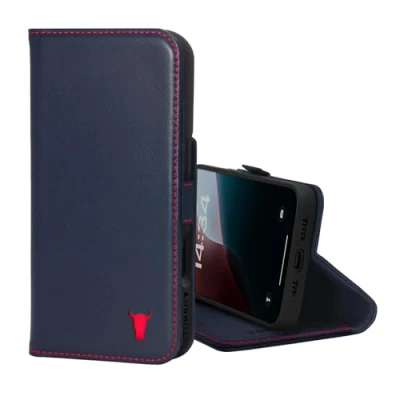 Afbeelding van TORRO Beschermhoes compatibel met iPhone 16, portemonnee van echt leer, standaard en kaarthouder, marineblauw