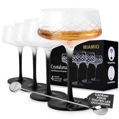 Afbeelding van MIAMIO 280 ml glazen bekers set van 4 met barlepel, handgeblazen kristallen cocktailglazen zwarte voet, unieke cocktailglazen, champagneglazen collectie Crystaluna